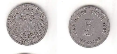 5 Reichspfennig Nickel Münze Deutsches Reich 1897 G, Jäger 12 (112335)