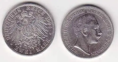 2 Mark Silber Münze Preussen Wilhelm II 1904 A