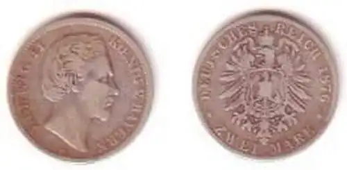 2 Mark Silber Münze 1876 Bayern König Ludwig II.