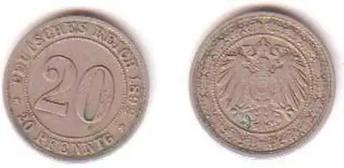 20 Pfennig Nickel Münze Deutsches Reich 1892 J Jäger 14