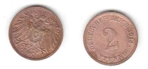 2 Pfennig Kupfer Münze Deutsches Reich 1914 G Jäger 11 (112334)