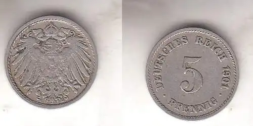 5 Reichspfennig Nickel Münze Deutsches Reich 1901 G, Jäger 12 (112333)