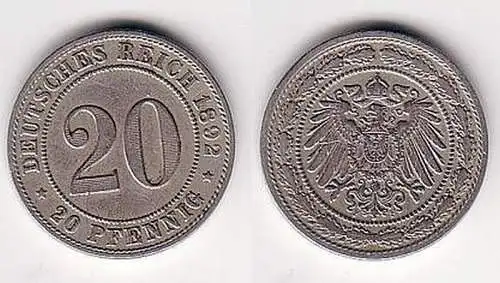 20 Pfennig Nickel Münze Deutsches Reich 1892 D Jäger 14