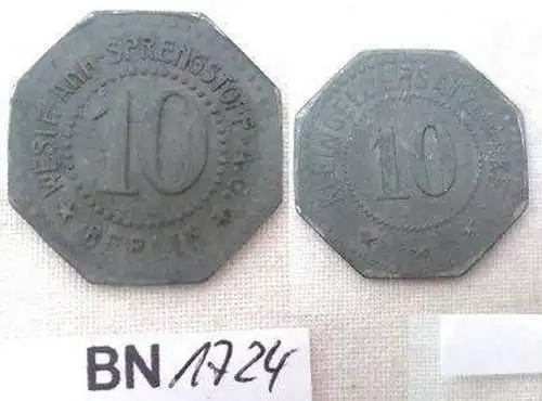 10 Pfennig Zink Not Münze Westf. Anh. Sprengstoff A.G. Berlin um 1920