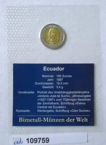 Bi-Metall Münze Ecuador 100 Sucres 1997 in TOP Erhaltung im Blister