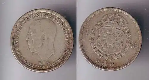 1 Krone Silber Münze Schweden 1948