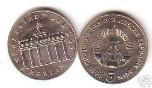 DDR Gedenk Münze 5 Mark Brandenburger Tor 1988 Stempelglanz