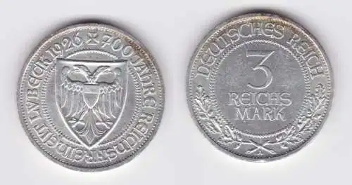 3 Mark Silber Münze 700 Jahre Reichsfreiheit Lübeck 1926 Jäger 323 (152403)