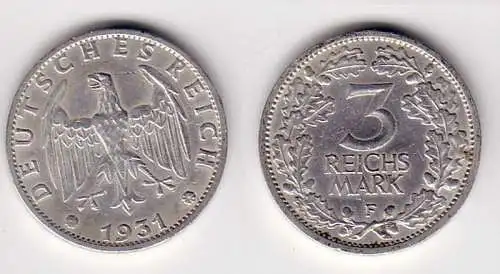 3 Mark Silber Münze Weimarer Republik 1931 F (103172)