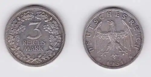 3 Mark Silber Münze Weimarer Republik Kursmünze 1931 E Jäger 349 (124418)