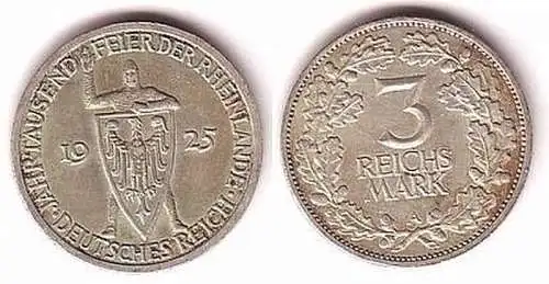 Silber Münze 3 Mark Jahrtausendfeier Rheinland 1925 A