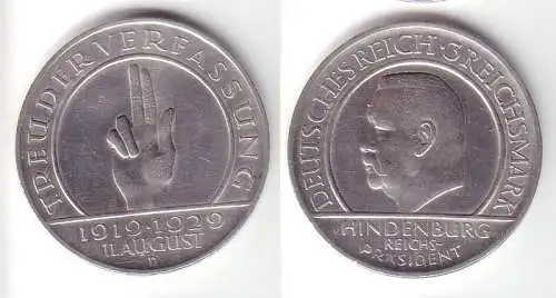 3 Mark Silbermünze Reichspräsident Hindenburg 1929 D