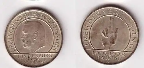 Silber Münze 3 Mark Verfassung "Schwurhand" 1929 A