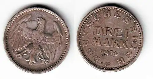 Silber Münze 3 Mark Weimarer Republik 1924 G (109963)