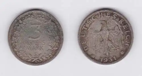 3 Mark Silber Münze Weimarer Republik Kursmünze 1931 A Jäger 349 (117102)