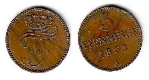 3 Pfennige Kupfer Münze Mecklenburg Schwerin 1861 A (109593)