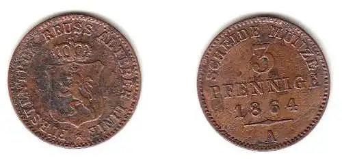 3 Pfennig Kupfer Münze Reuss ältere Linie 1864 A ss