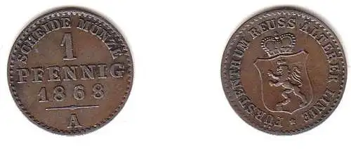 1 Pfennig Kupfer Münze Reuss ältere Linie 1868 A ss+