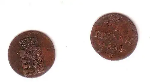 1 Pfennig Kupfer Münze Sachsen 1838 G s/ ss