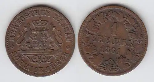 1 Kreuzer Kupfer Münze Nassau 1861 ss