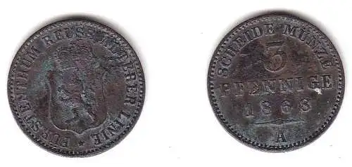 3 Pfennig Kupfer Münze Reuss ältere Linie 1868 A ss