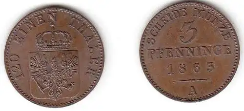 3 Pfennige Kupfer Münze Preussen 1863 A vz+