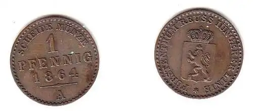 1 Pfennig Kupfer Münze Reuss jüngere Linie 1864 A ss+