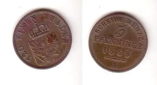 3 Pfennige Kupfer Münze Preussen 1869 A vz