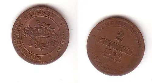 2 Pfennige Kupfer Münze Sachsen 1864 B f. ss