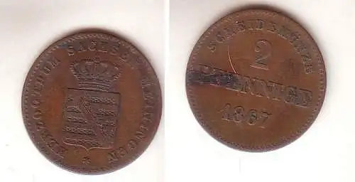 2 Pfennige Kupfer Münze Sachsen Meiningen 1867 ss