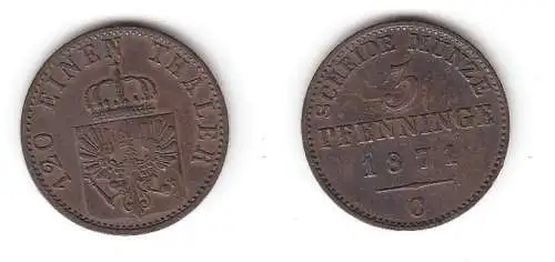 3 Pfennige Kupfer Münze Preussen 1871 C ss