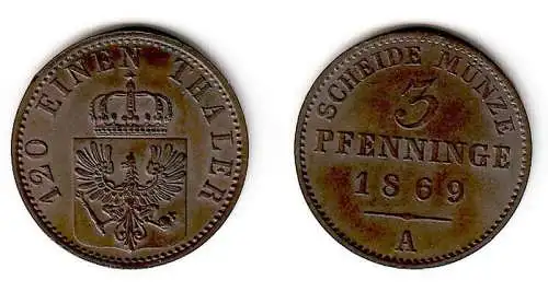 3 Pfennige Kupfer Münze Preussen 1869 A (109149)