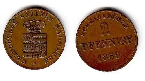 2 Pfennig Kupfer Münze Sachsen Meiningen 1869 (109545)