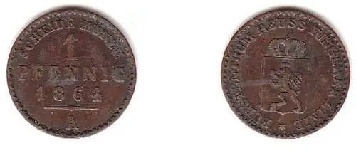 1 Pfennig Kupfer Münze Reuss jüngere Linie 1864 A ss