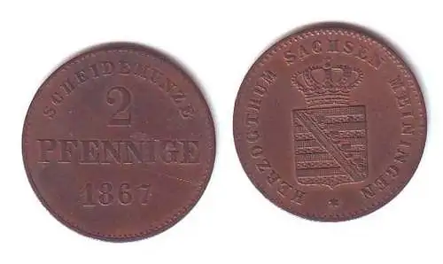 2 Pfennige Kupfer Münze Sachsen Meiningen 1867 ss