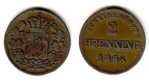 2 Pfennig Kupfer Münze Bayern 1866 (101753)