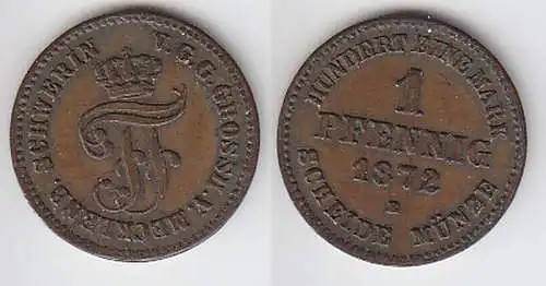 1 Pfennig Kupfer Münze Mecklenburg Schwerin 1872 B ss+