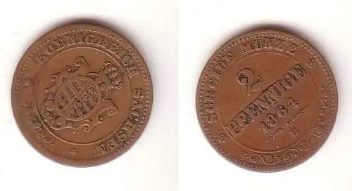 2 Pfennige Kupfer Münze Sachsen 1864 B fast sehr schöne