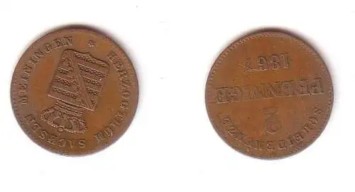 2 Pfennige Kupfer Münze Sachsen Meiningen 1867 f. ss