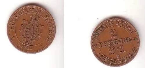 2 Pfennige Kupfer Münze Sachsen 1869 B ss+