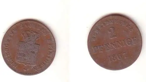 2 Pfennige Kupfer Münze Sachsen Meiningen 1867 s/ ss