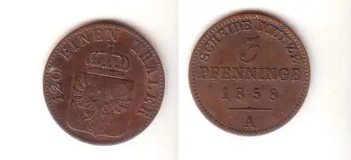 3 Pfennige Kupfer Münze Preussen 1858 A f. ss