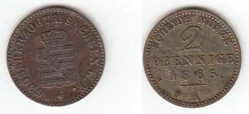 2 Pfennige Kupfer Münze Sachsen Weimar Eisenach 1865 A ss+