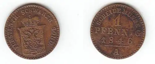 1 Pfennig Kupfer Münze Schwarzburg Sondershausen 1846 A ss-