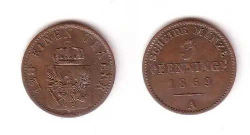 3 Pfennige Kupfer Münze Preussen 1869 A ss