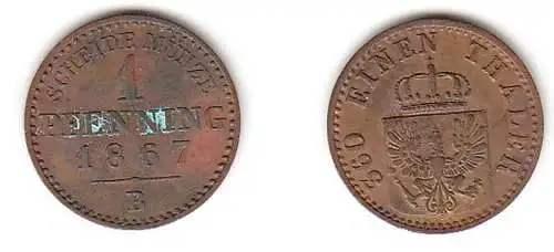 1 Pfennig Kupfer Münze Preussen 1867 B