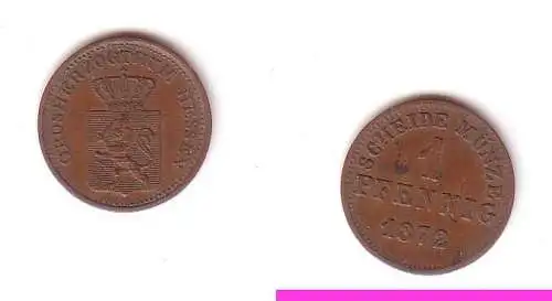 1 Pfennig Kupfer Münze Hessen Darmstadt 1872 ss