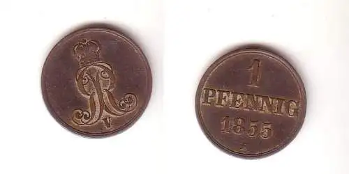 1 Pfennig Kupfer Münze Hannover 1855 B ss