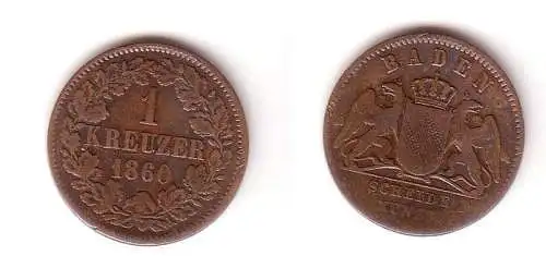 1 Kreuzer Kupfer Münze Baden 1860 f. ss