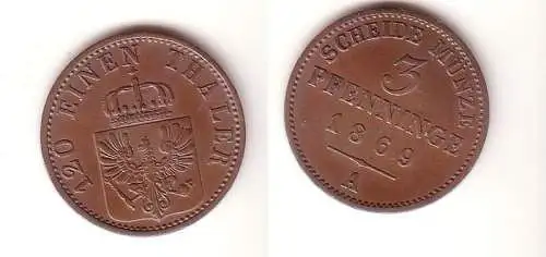 3 Pfennige Kupfer Münze Preussen 1869 A vz